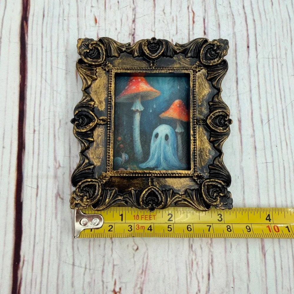 Miniature Ghost Mushroom Art Ornate Gold Black Resin Frame Decoupage Print